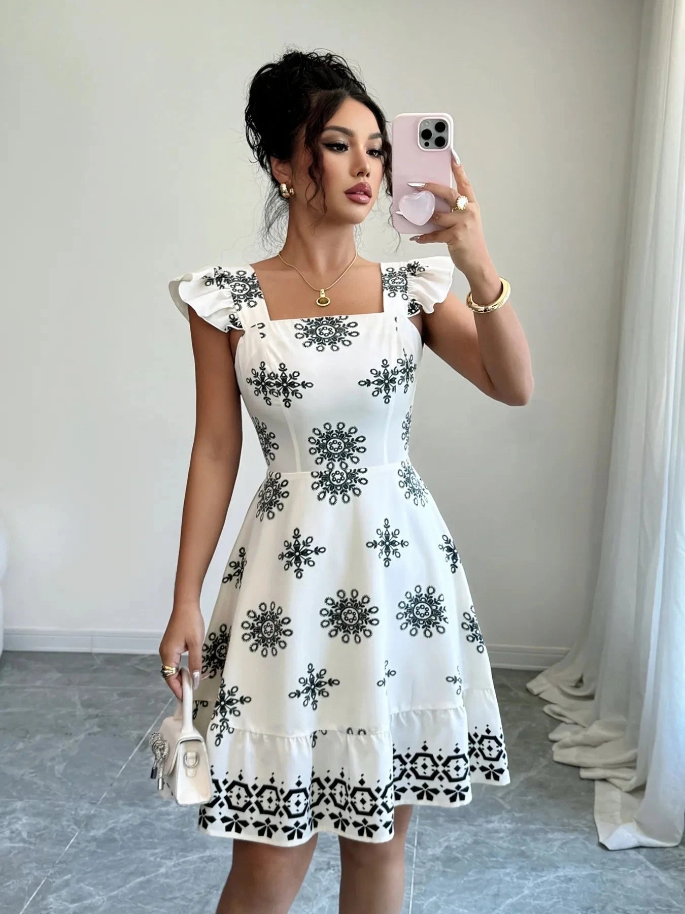 Printed Ruffled Cap Sleeve Dress