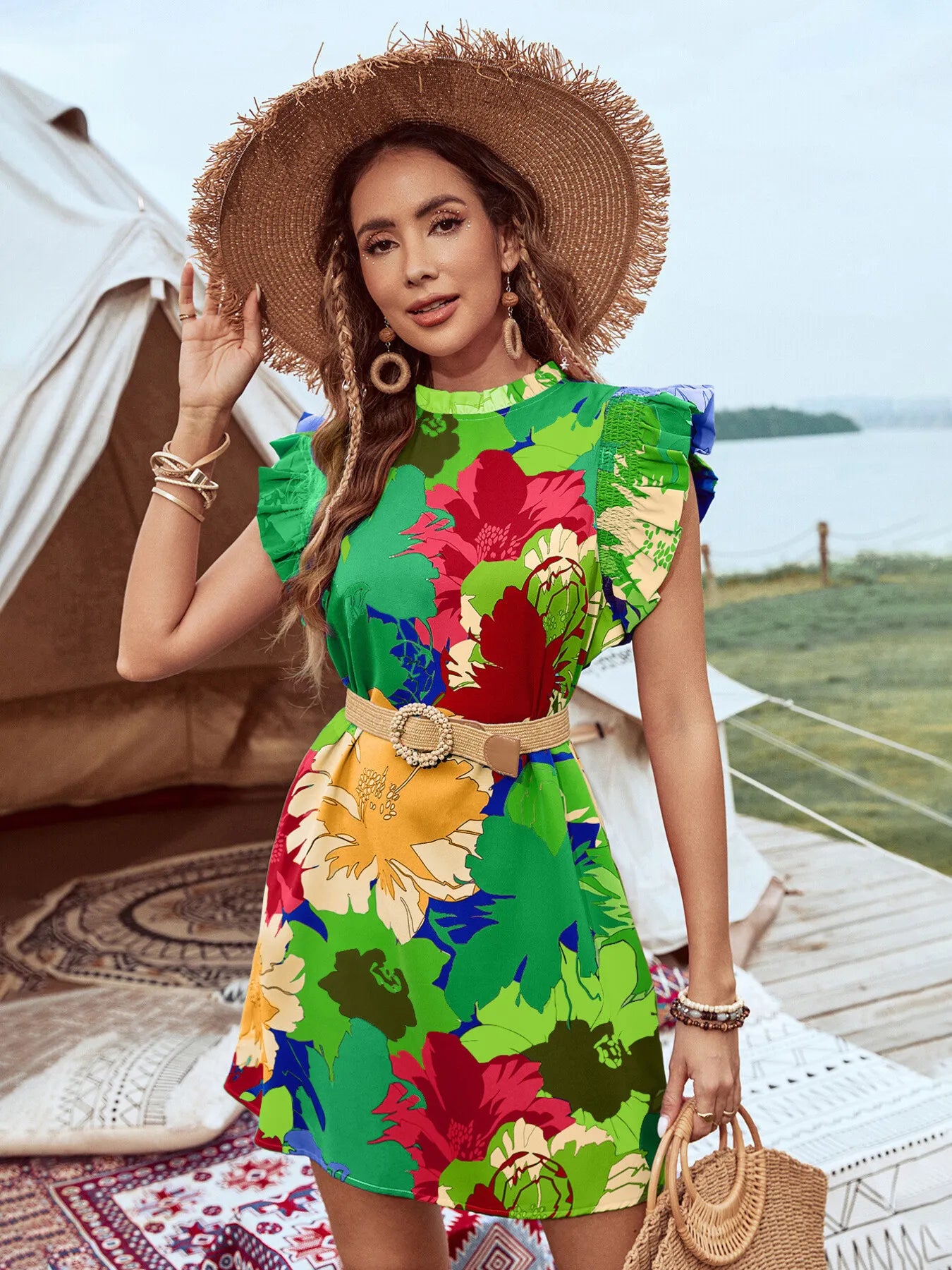 Printed Ruffled Cap Sleeve Mini Dress