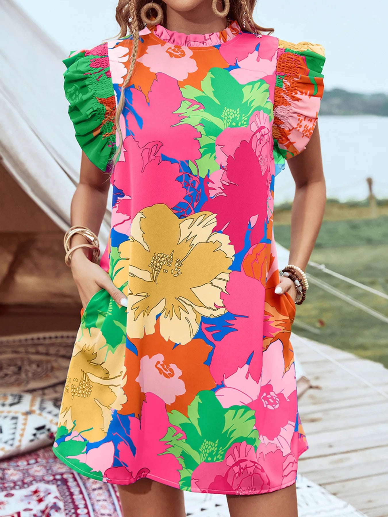 Printed Ruffled Cap Sleeve Mini Dress Pink / XS