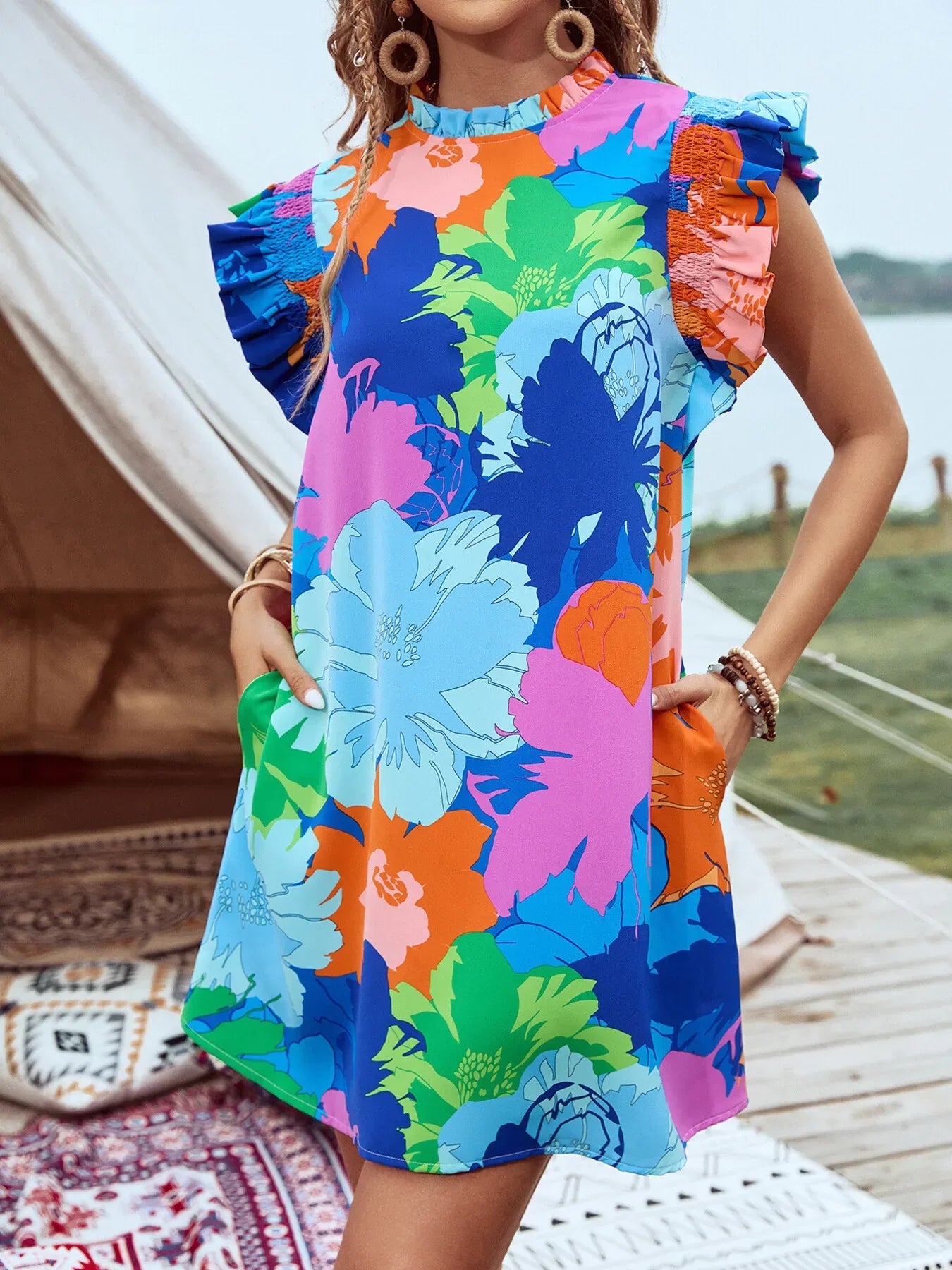 Printed Ruffled Cap Sleeve Mini Dress Royal Blue / XS