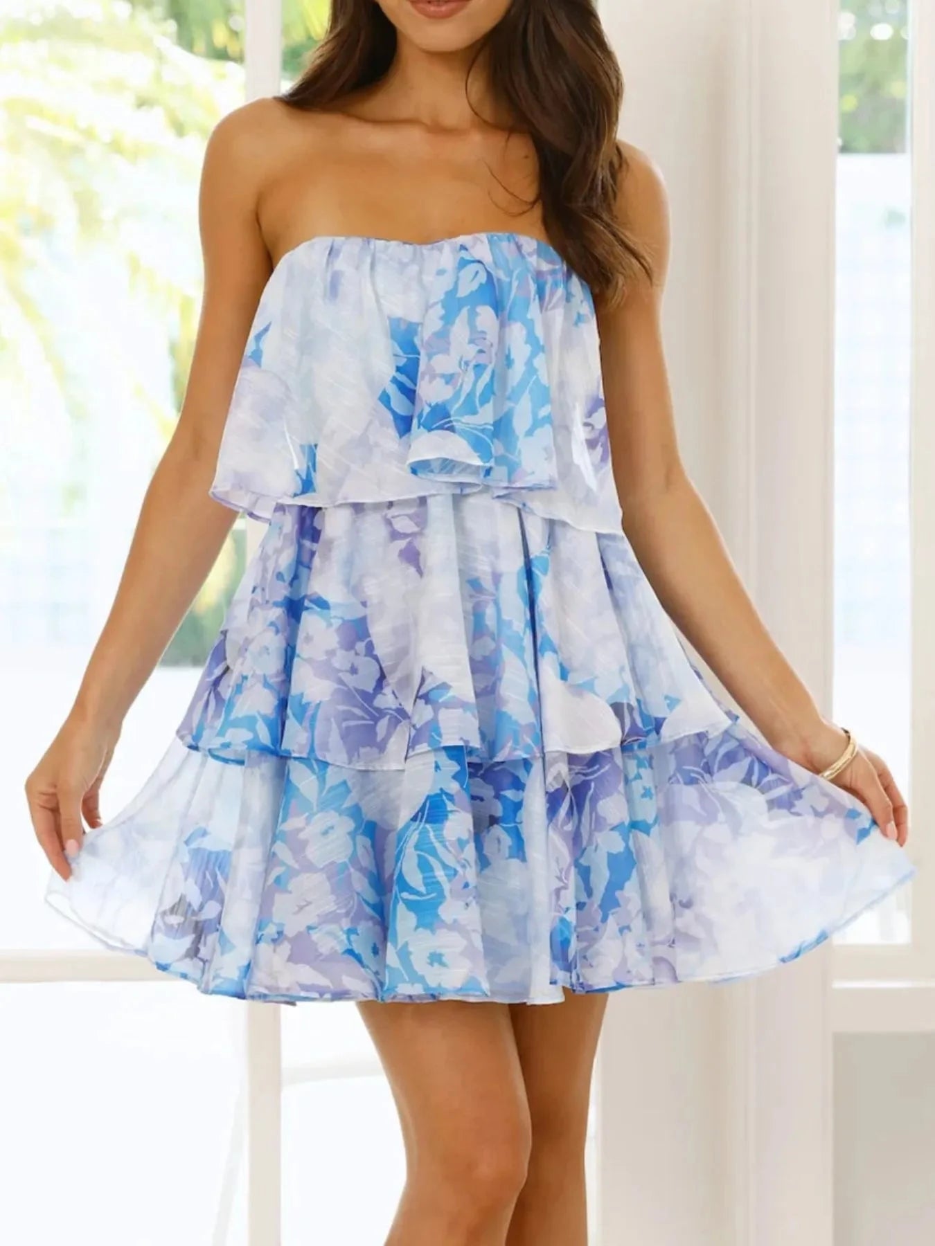 Printed Ruffled Layered Tube Dress