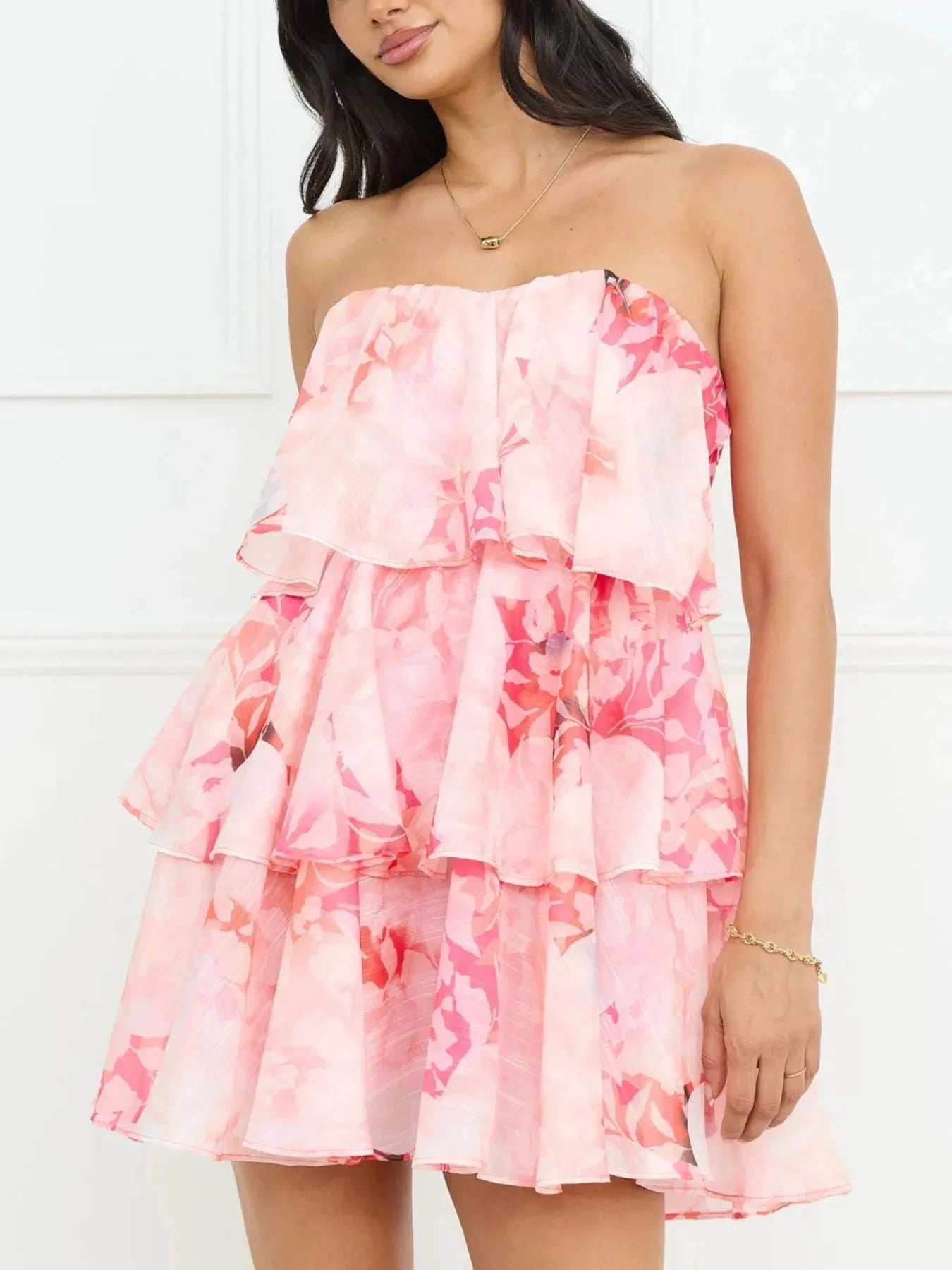 Printed Ruffled Layered Tube Dress Pink / S