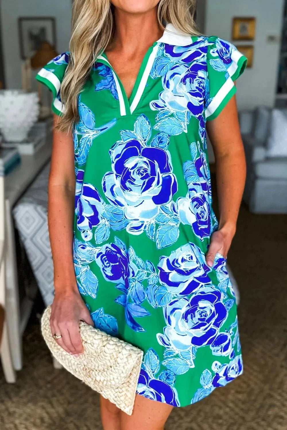 Printed Ruffled Sleeve Mini Dress Blue / S