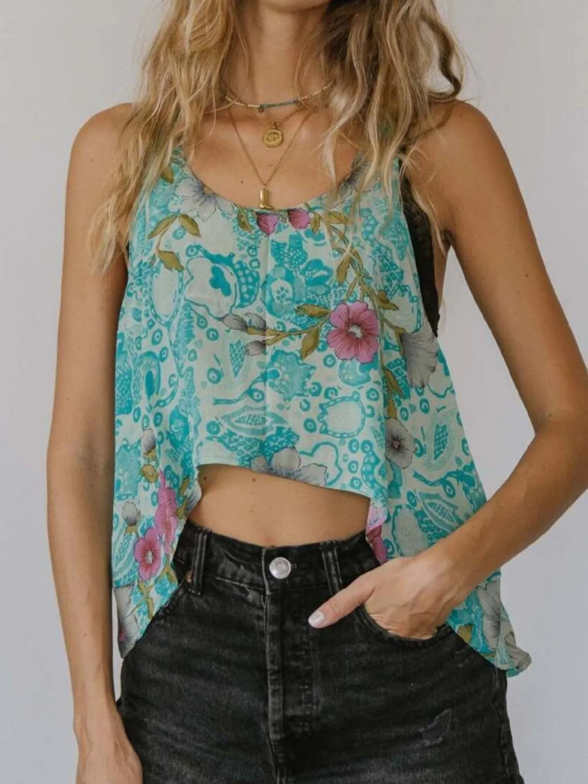 Printed Scoop Neck Tank Blue / S