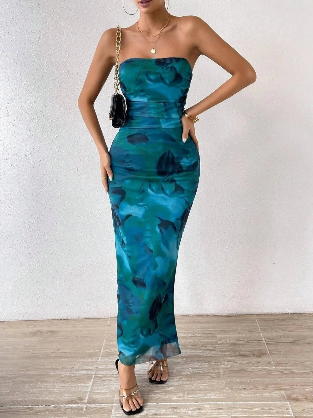 Printed Side Slit Tube Dress Blue / XS