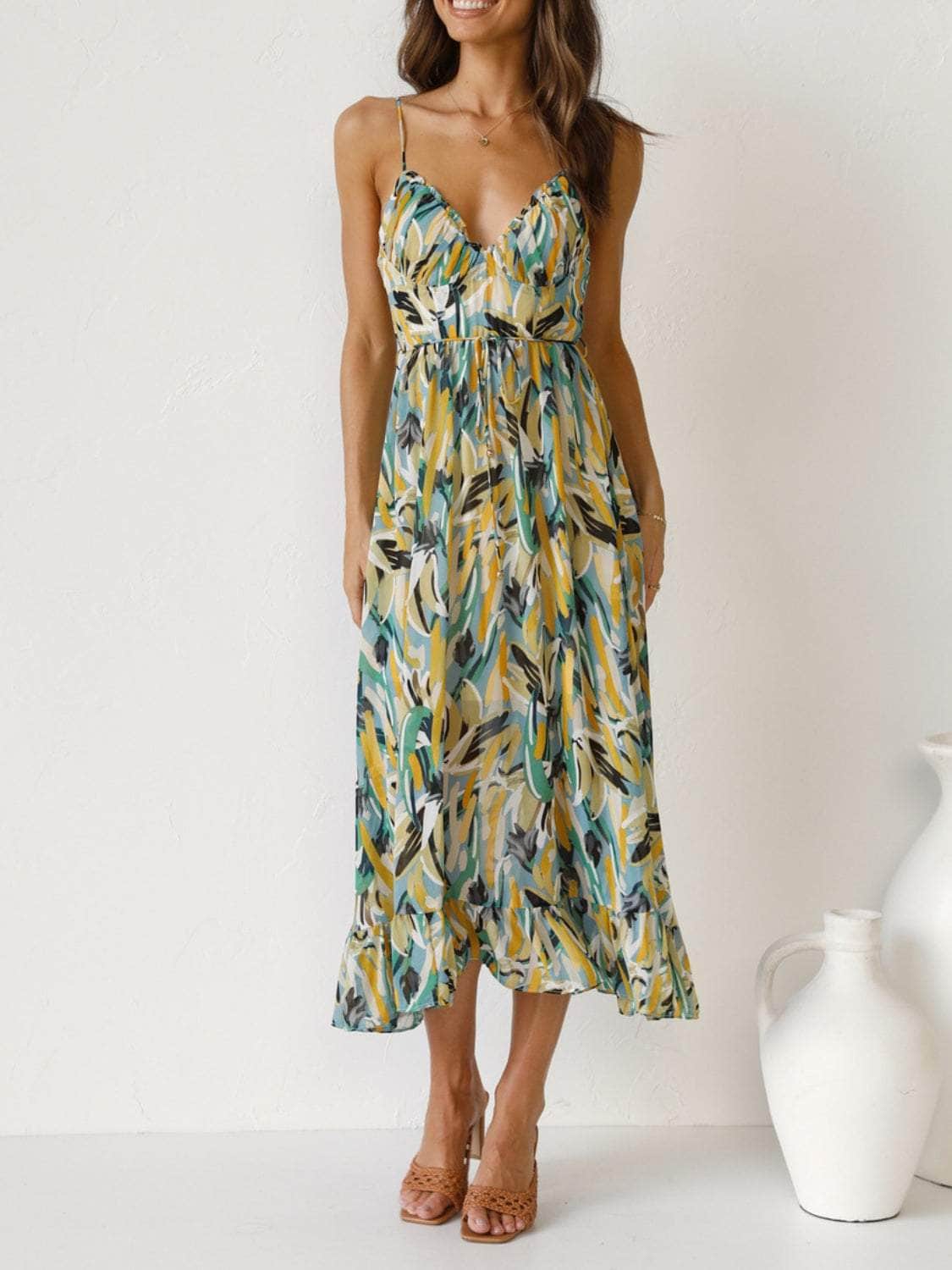 Printed Sleeveless Midi Cami dress Gum Leaf / S