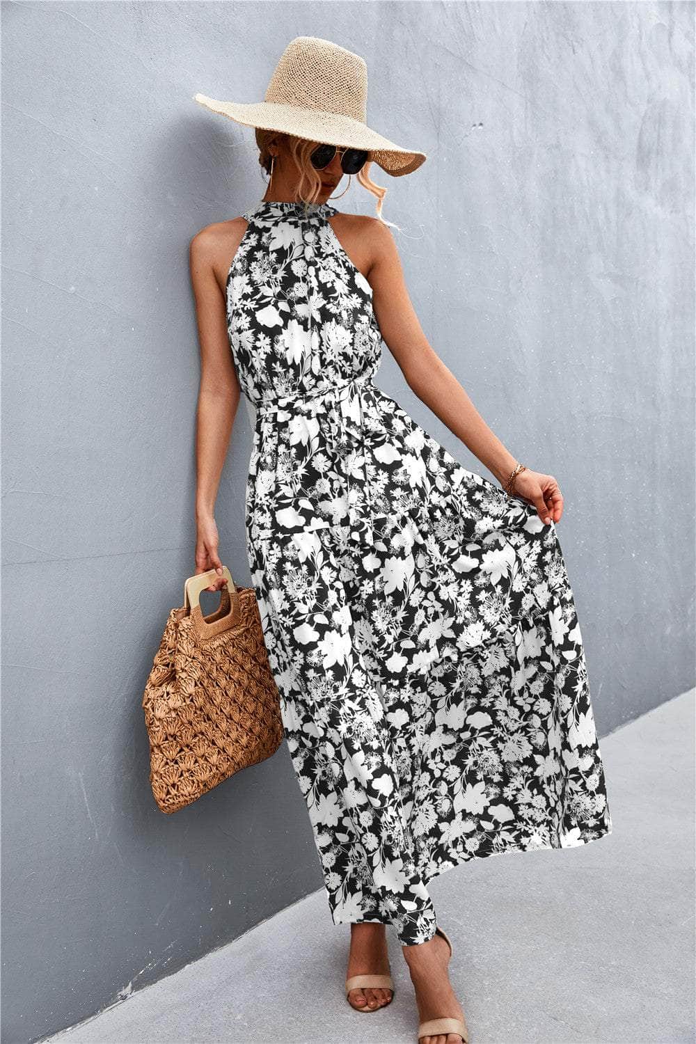 Printed Sleeveless Tie Waist Maxi Dress Black/White/Floral / S
