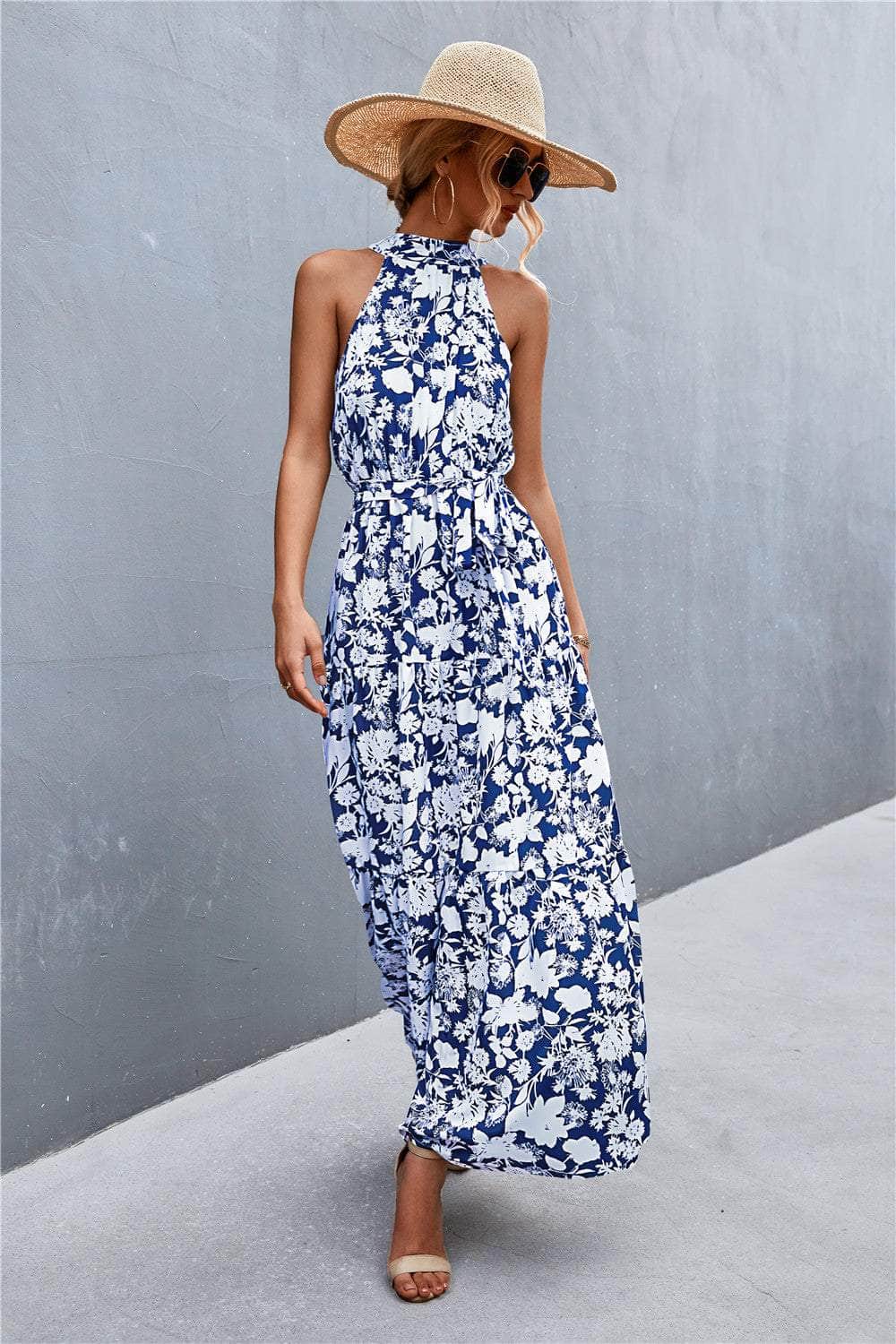 Printed Sleeveless Tie Waist Maxi Dress Blue/Floral / S