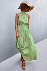 Printed Sleeveless Tie Waist Maxi Dress Gum Leaf / S