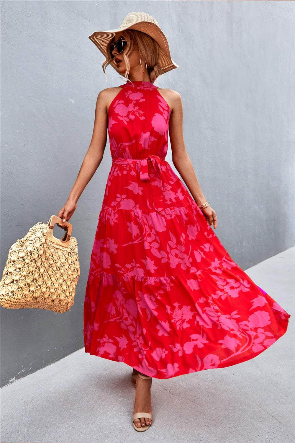 Printed Sleeveless Tie Waist Maxi Dress Rose/Floral / S