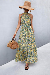 Printed Sleeveless Tie Waist Maxi Dress Yellow/Floral / S