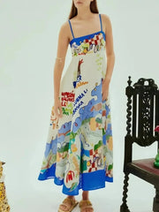 Printed Square Neck Cami Dress Blue / S