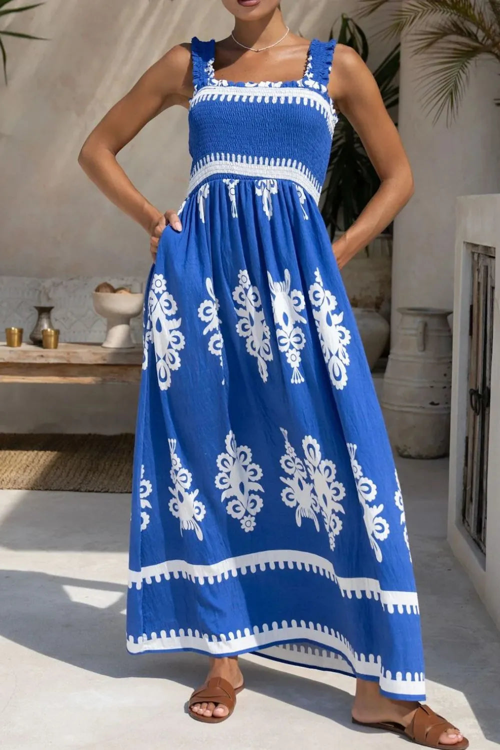 Printed Square Neck Cami Dress Blue / S