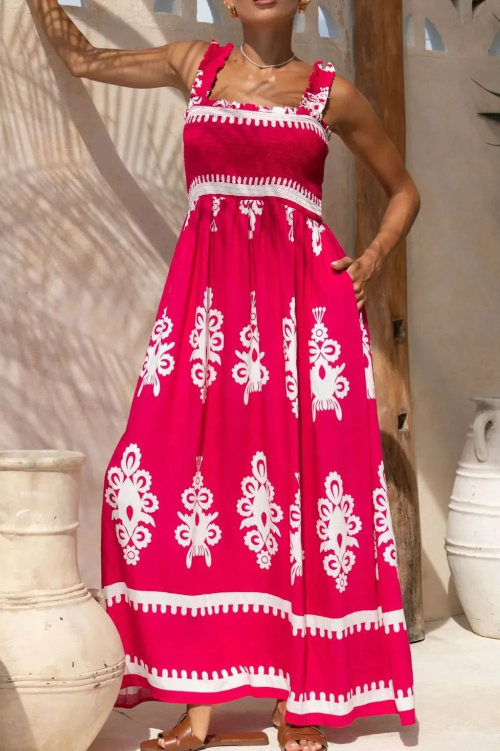 Printed Square Neck Cami Dress Deep Rose / S