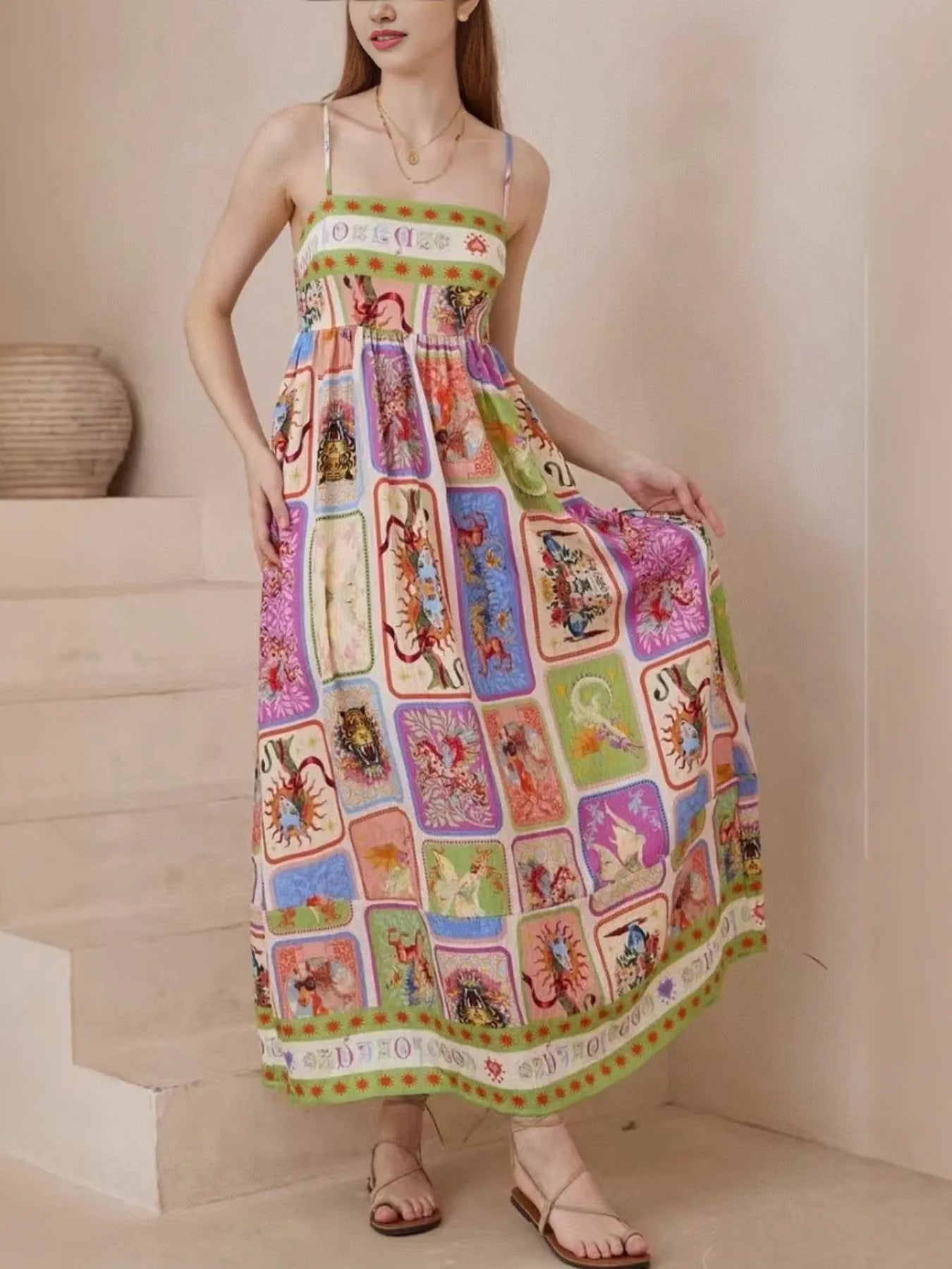 Printed Square Neck Cami Dress Picture Color / S