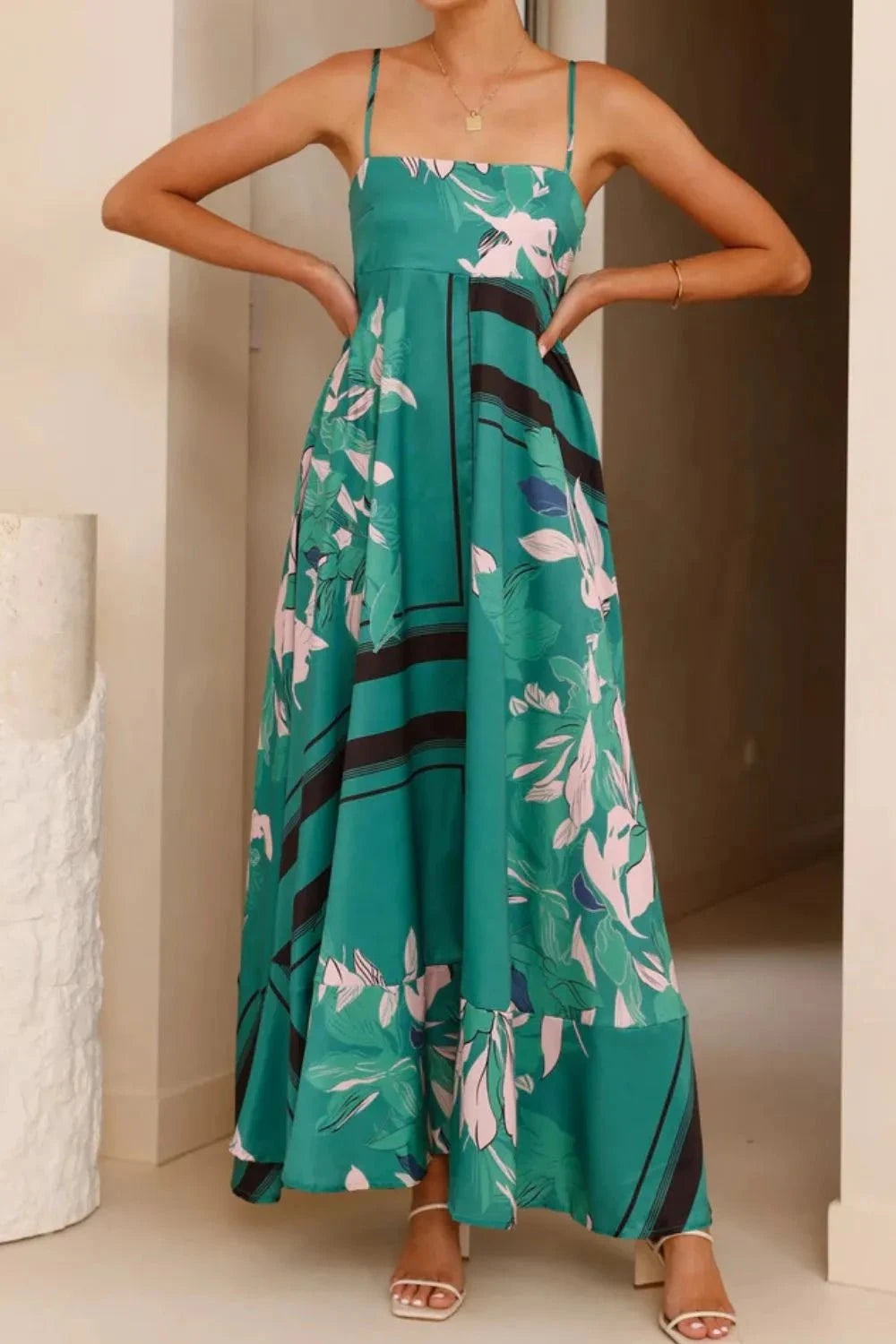 Printed Square Neck Cami Maxi Dress Green Print / S