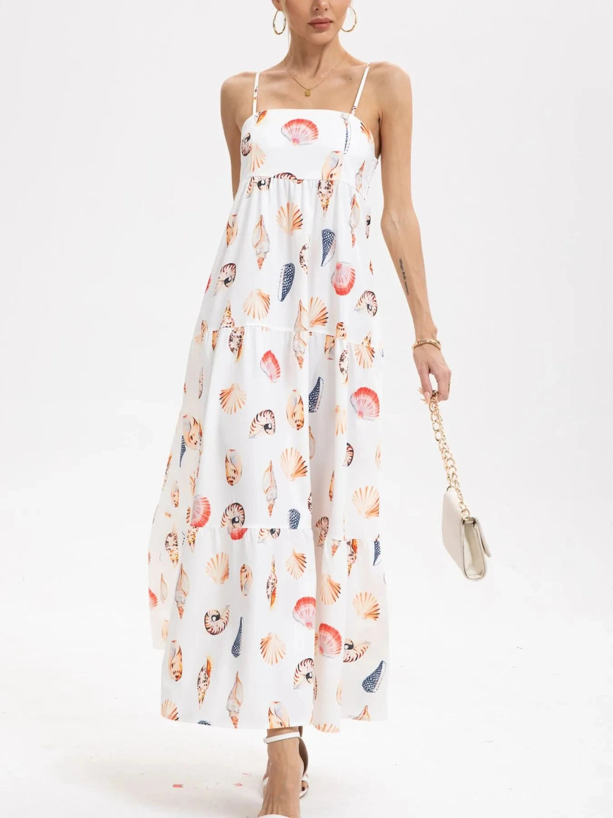 Printed Square Neck Cami Maxi Dress White / S