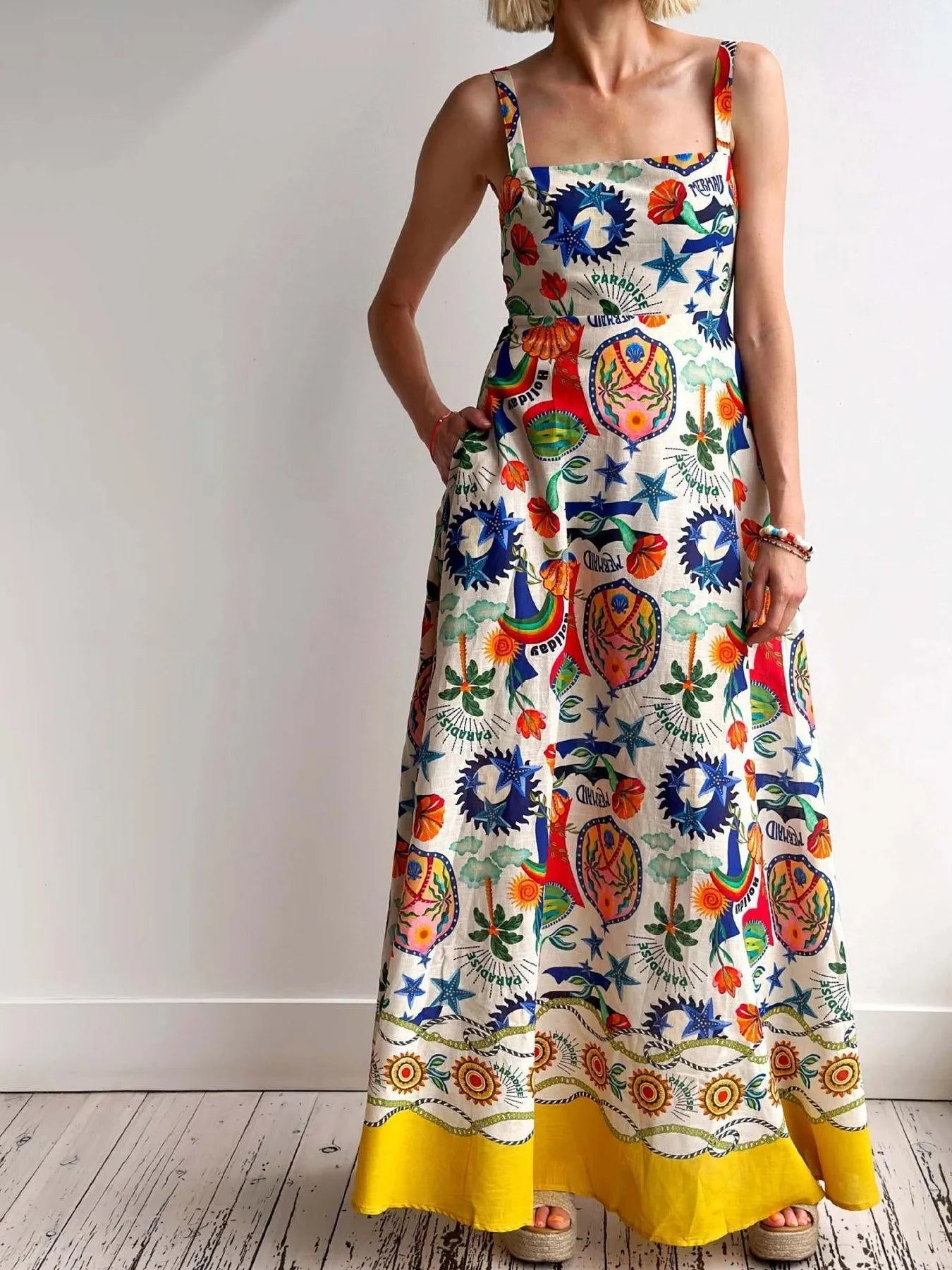 Printed Square Neck Maxi Dress Multicolor / S