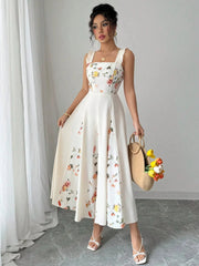 Printed Square Neck Midi Dress