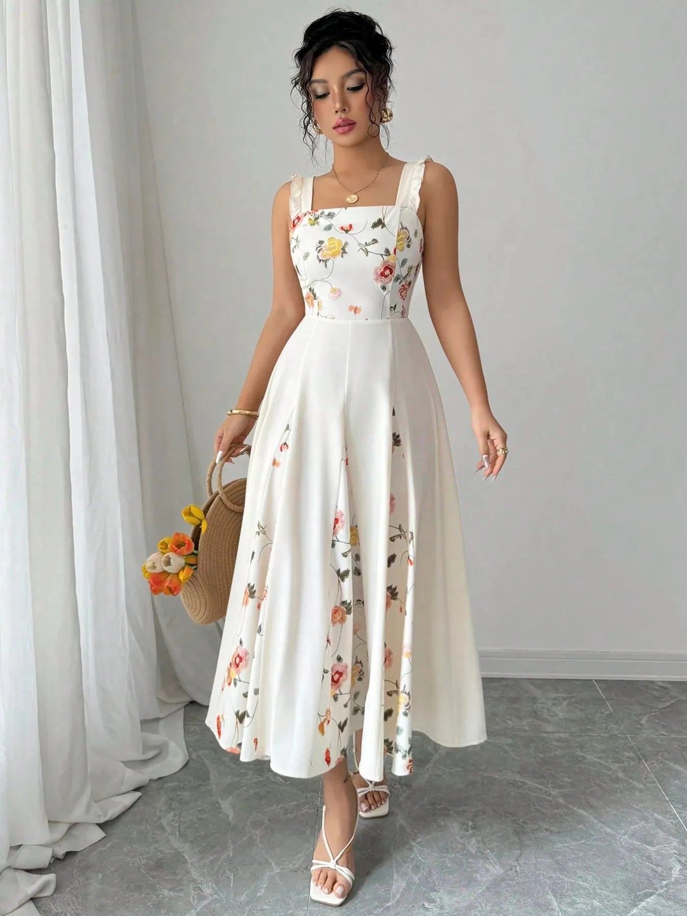 Printed Square Neck Midi Dress White / S