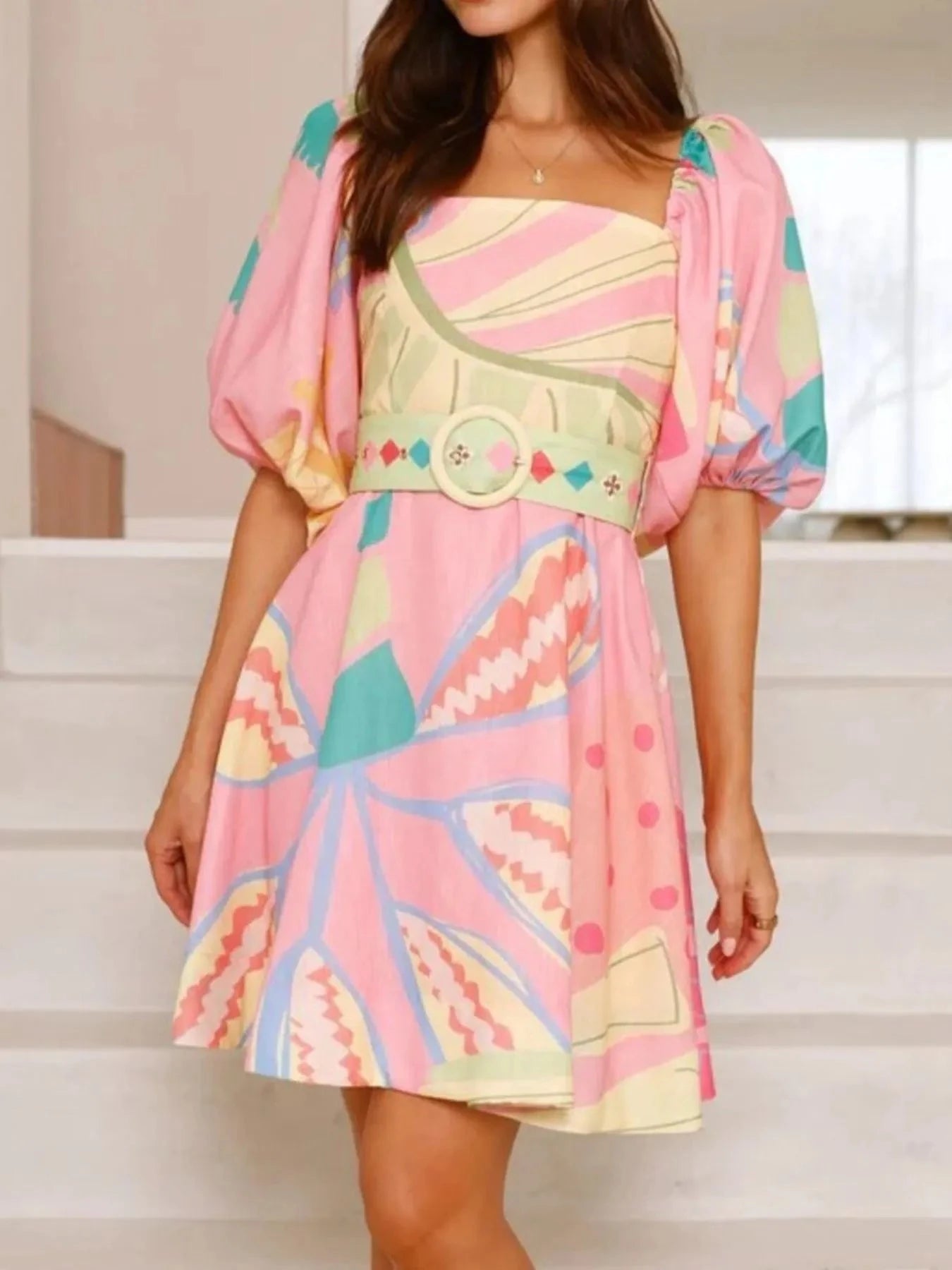 Printed Square Neck Puff Sleeve Dress