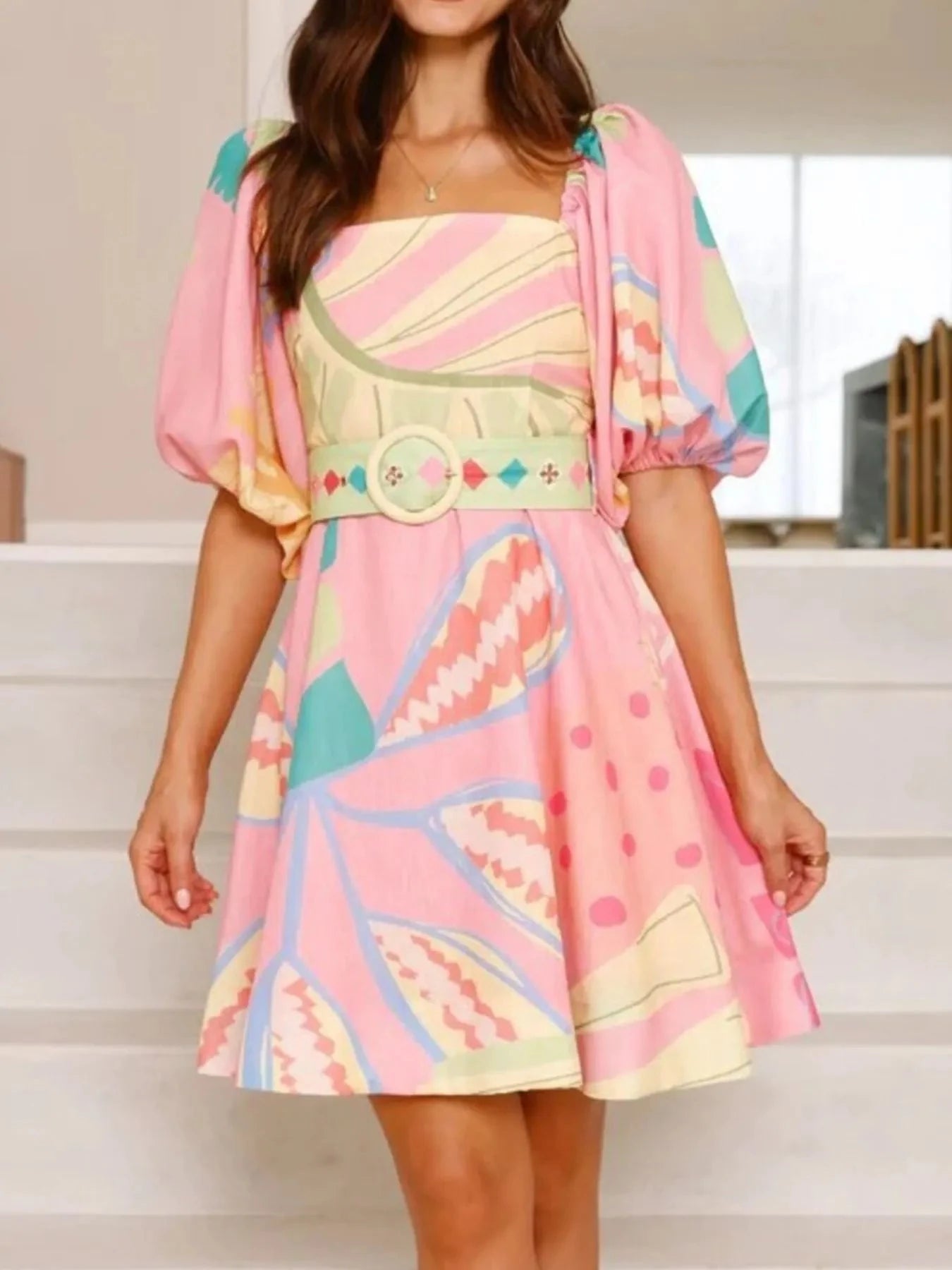 Printed Square Neck Puff Sleeve Dress