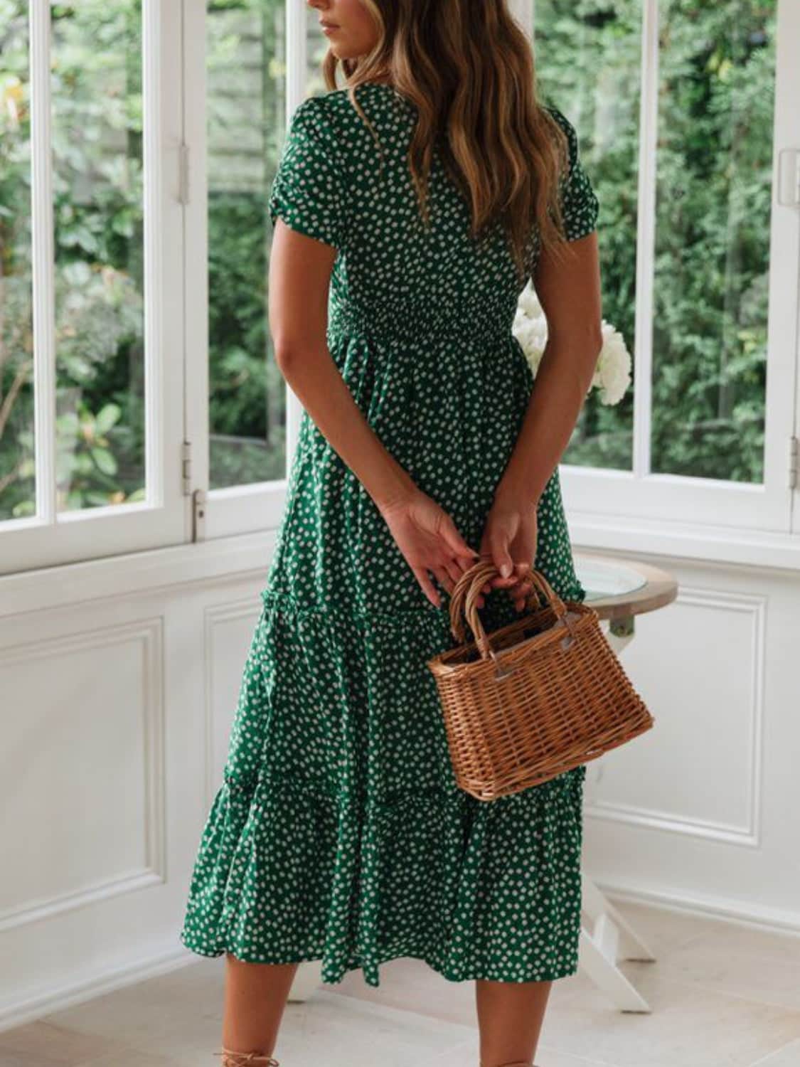 Printed Square Neck Short Sleeve Midi Dress
