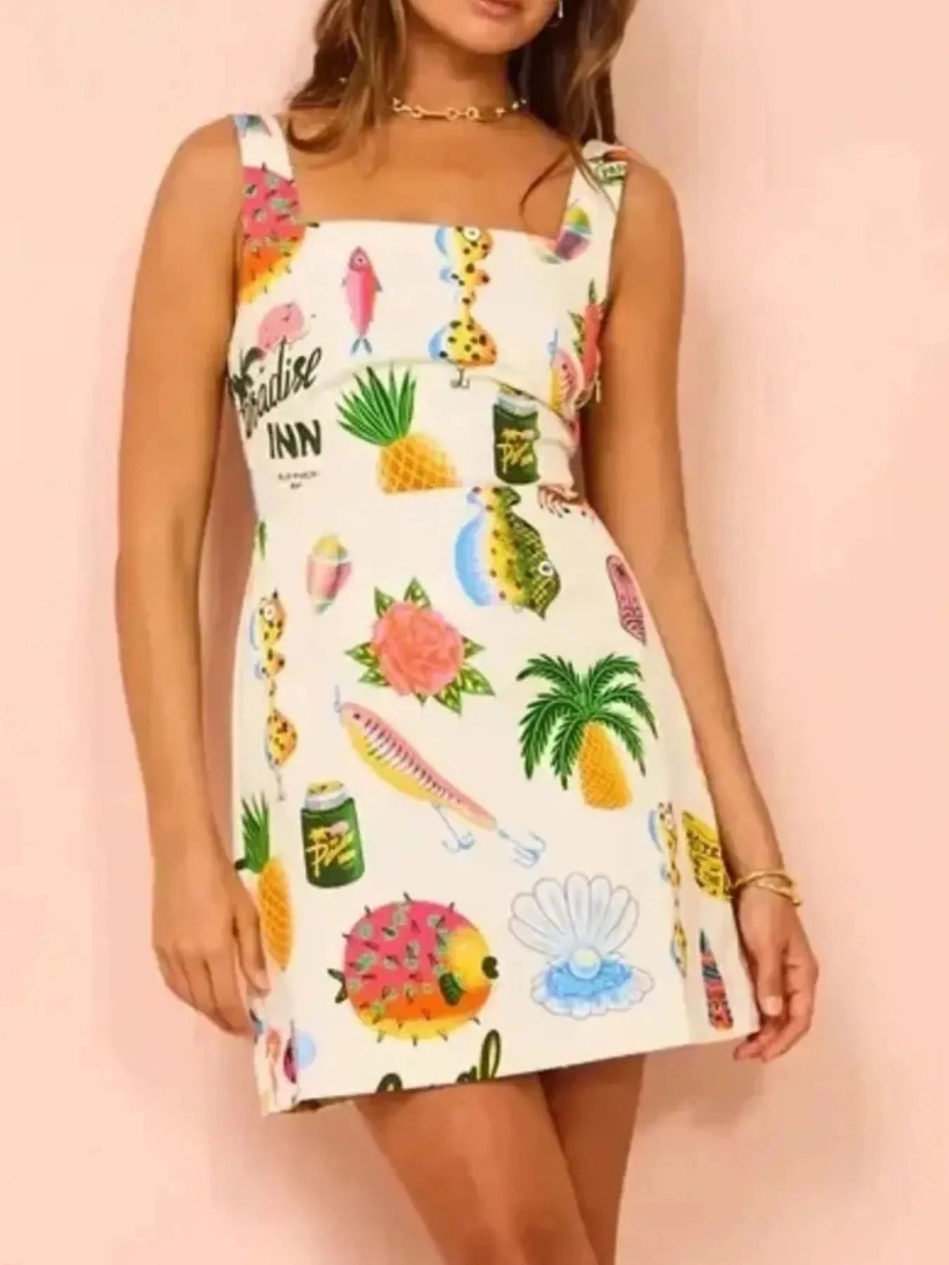 Printed Square Neck Summer Mini Dress