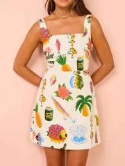 Printed Square Neck Summer Mini Dress Apricot / S