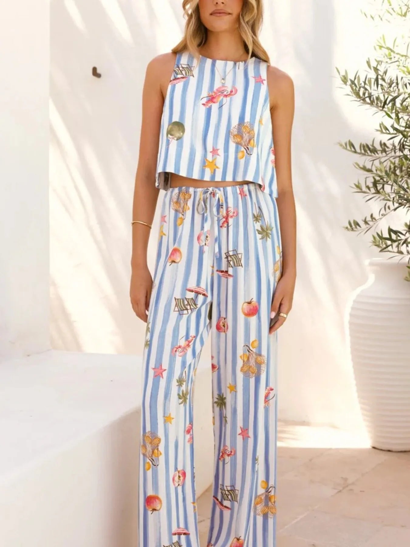 Printed Stripe Tank and Pants Set