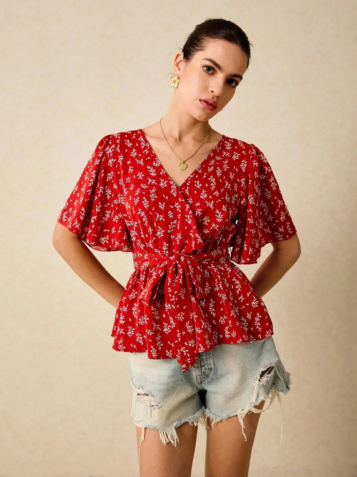 Printed Surplice Flutter Sleeve Blouse Red / S