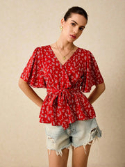 Printed Surplice Flutter Sleeve Blouse Red / S