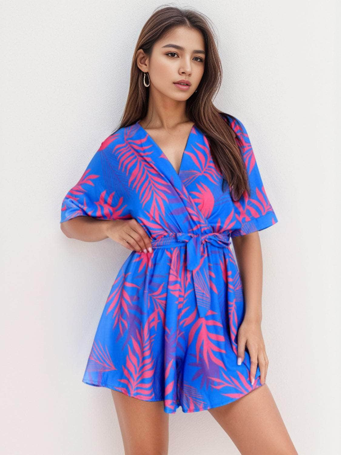 Printed Surplice Half Sleeve Romper Blue / S