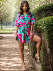 Printed Surplice Half Sleeve Romper Turquoise / S