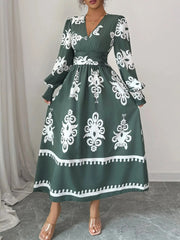 Printed Surplice Lantern Sleeve Dress