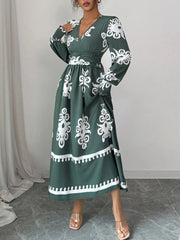 Printed Surplice Lantern Sleeve Dress