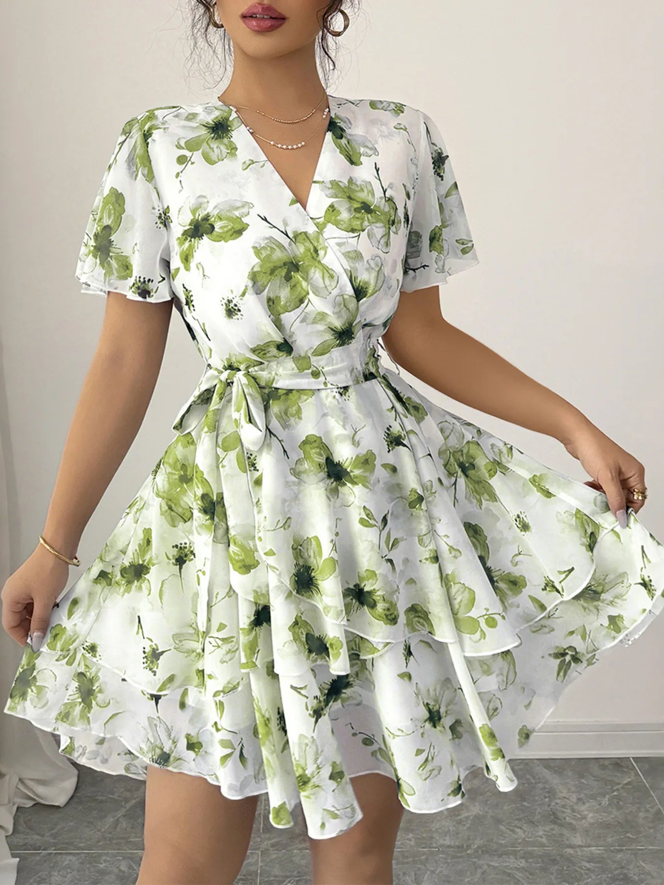 Printed Surplice Layered Mini Dress Green / S