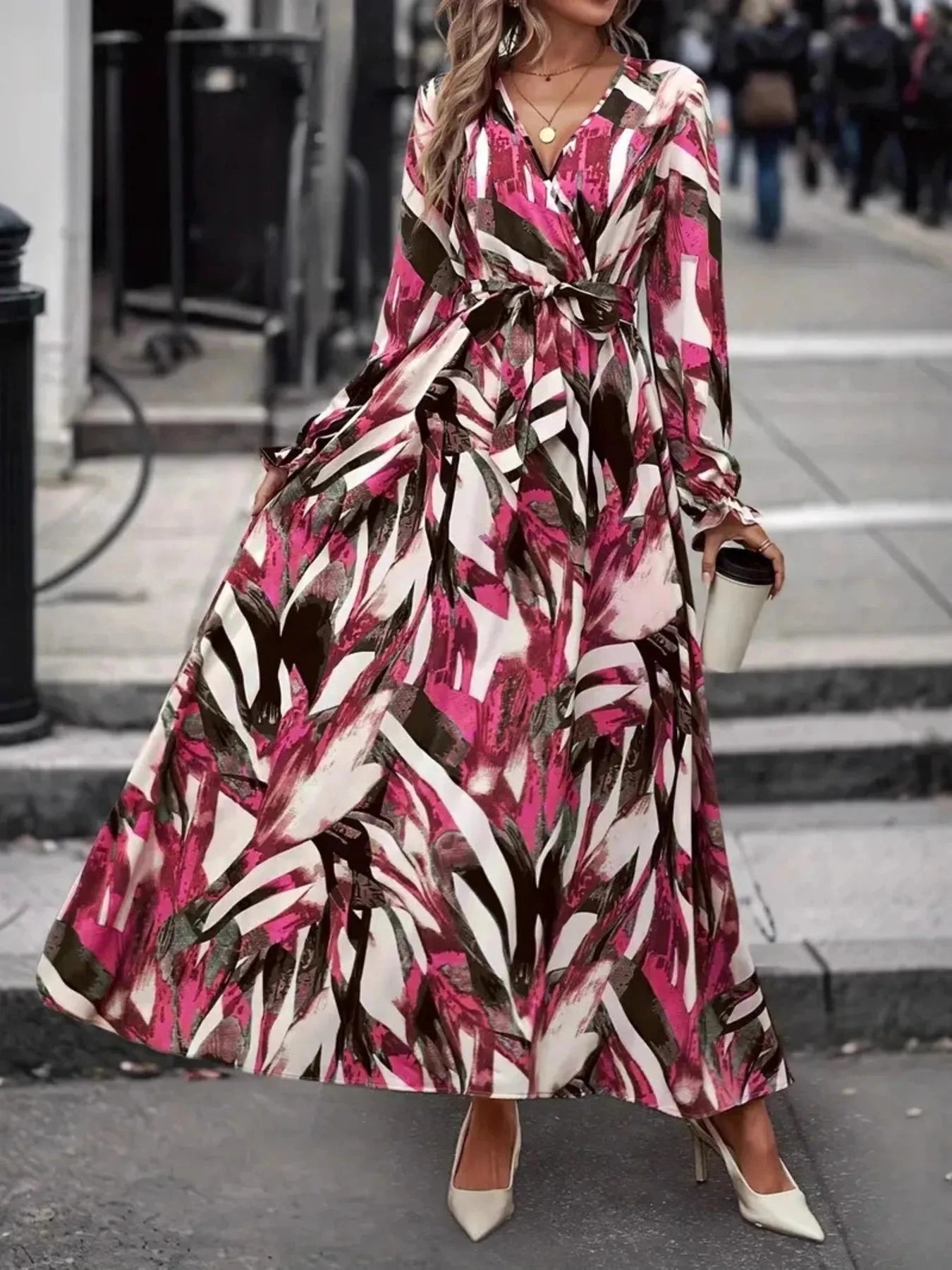 Printed Surplice Long Sleeve Maxi Dress