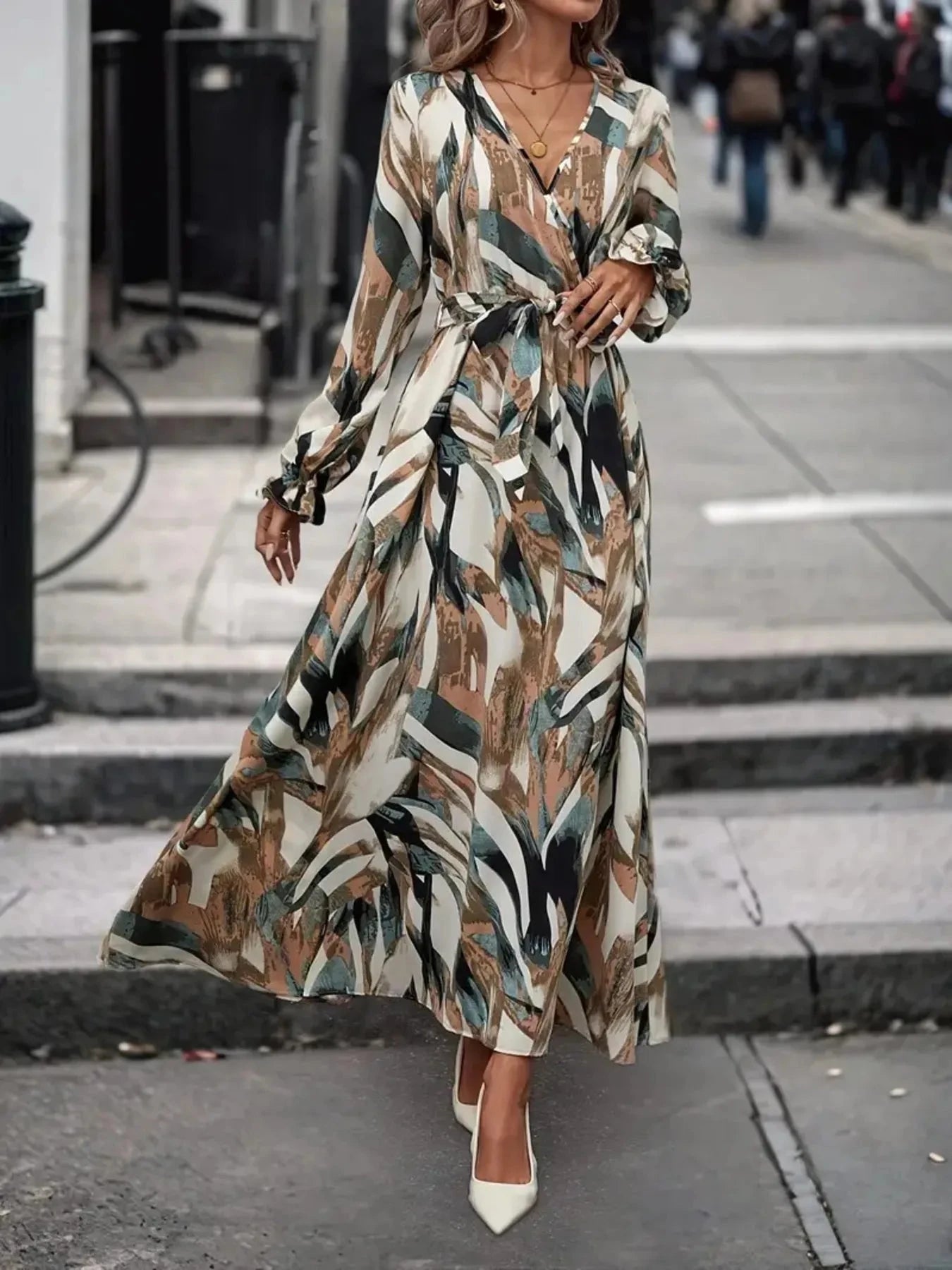 Printed Surplice Long Sleeve Maxi Dress