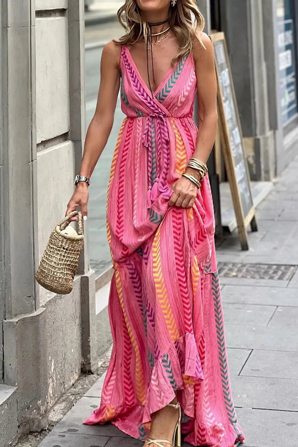Printed Surplice Maxi Cami Dress Hot Pink / S