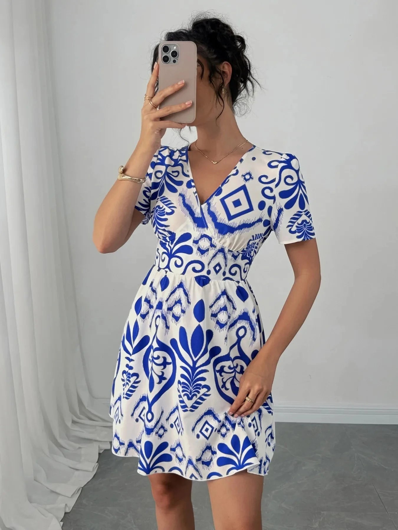 Printed Surplice Short Sleeve Dress