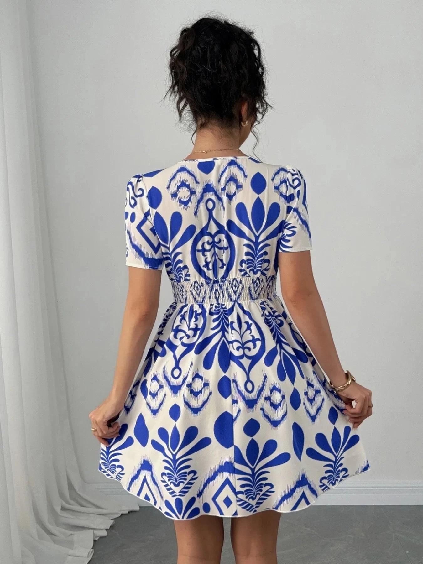 Printed Surplice Short Sleeve Dress