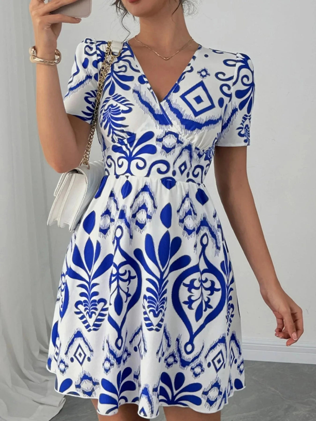 Printed Surplice Short Sleeve Dress Blue / S