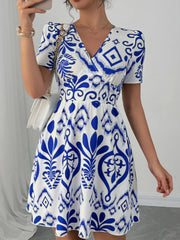 Printed Surplice Short Sleeve Dress Blue / S