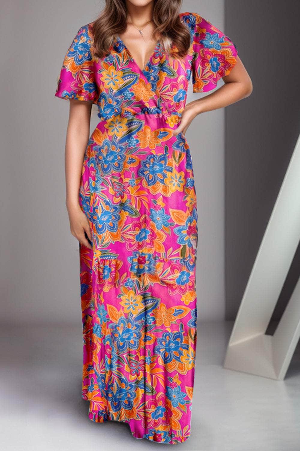 Printed Surplice Short Sleeve Maxi Dress Multicolor / S