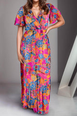 Printed Surplice Short Sleeve Maxi Dress Multicolor / S