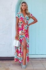 Printed Surplice Short Sleeve Tie Waist Maxi Dress
