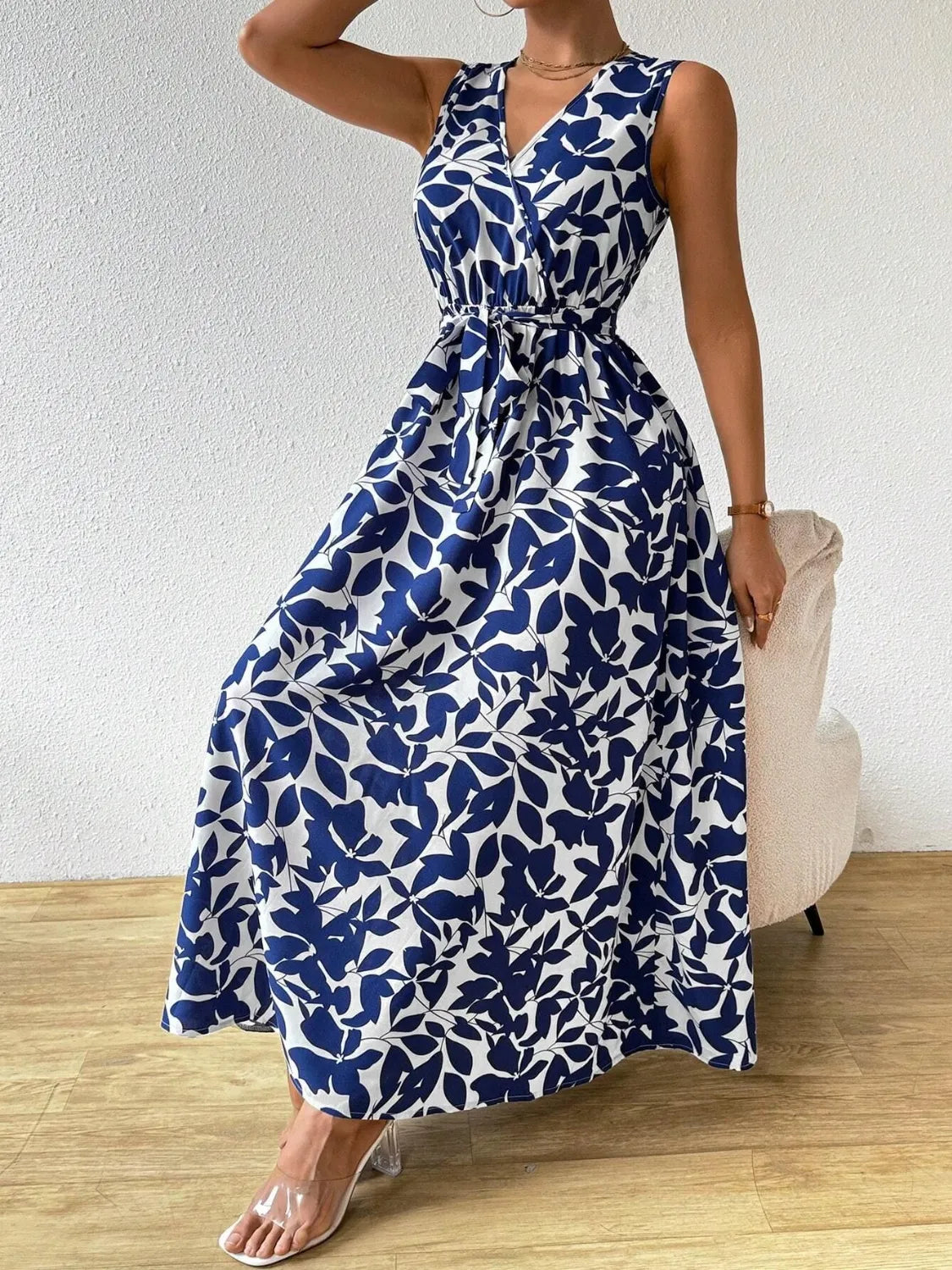 Printed Surplice Sleeveless Maxi Dress