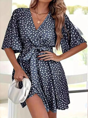 Printed Surplice Tie Waist Dress Black / S