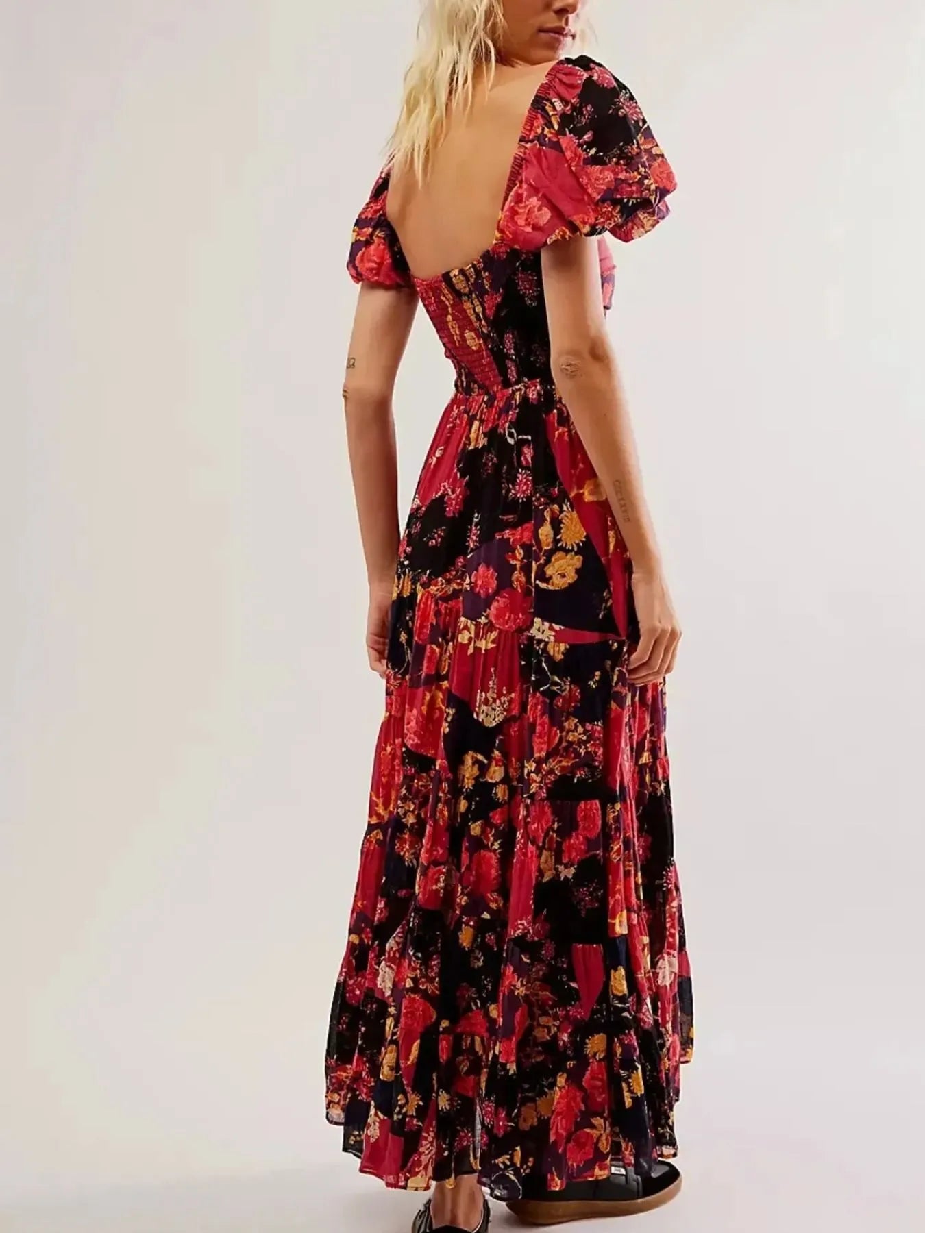 Printed Sweetheart Neck Puff Sleeve Maxi Dress